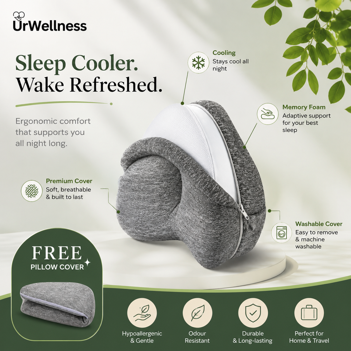 Grey knee pillow with cooling memory foam and removable washable cover